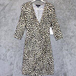 Karen Kane Dress Womens Small Animal Print Safari Cascade Wrap Cheetah 3/4